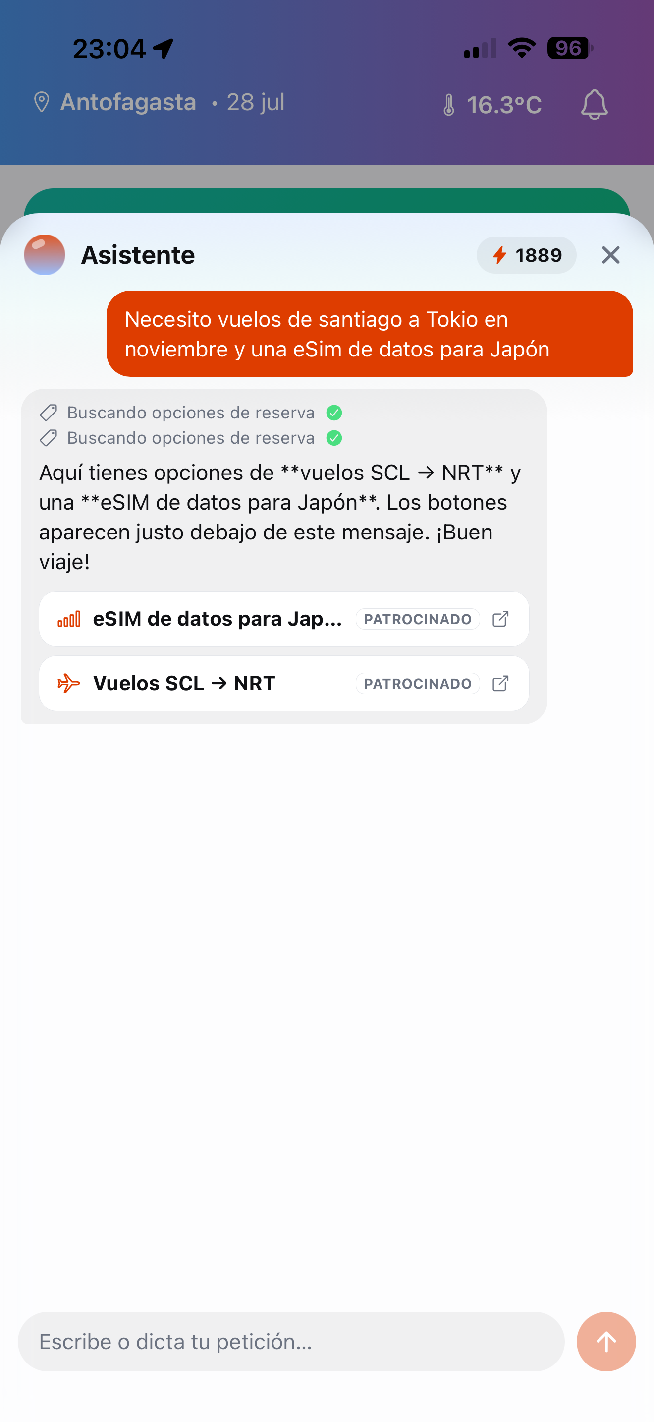 Assistant showing sponsored flight and eSIM booking buttons for a Santiago to Tokyo trip